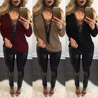 Top ZANZEA Women Sweater 2019 Autumn Sexy Knitted Sweters Thin knitwear Lace Up V Neck Hollow Out Long Sleeve Sweaters Plus Size