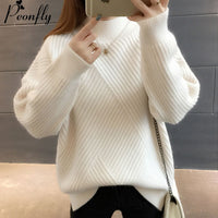 PEONFLY New 2019 Loose Thick Warm Winter Pullover Sweater Women Jumper Half Turtleneck Long Sleeve Knit Yellow Sweater Female