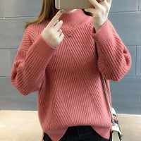 PEONFLY New 2019 Loose Thick Warm Winter Pullover Sweater Women Jumper Half Turtleneck Long Sleeve Knit Yellow Sweater Female