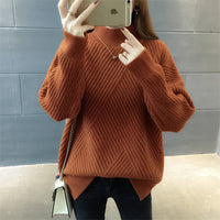 PEONFLY New 2019 Loose Thick Warm Winter Pullover Sweater Women Jumper Half Turtleneck Long Sleeve Knit Yellow Sweater Female