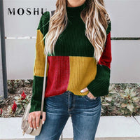 Colorblock Sweater Women 2019 Autumn Winter Casual Stand Collar Pullover Female Cashmere Knitted Ladies Sweater Tricot Femme