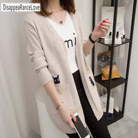 2019 Casual Long Knitted Cardigan Autumn Korean Elegant Women Loose Solid Color Pocket Outwear Sweater Jacket Cape Cartoon Top