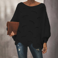 Crocheted Sweater Women Sexy Ruffles Lantern Sleeve O-neck Hollow Out Loose Pullover Ladies Solid Oversized Tops