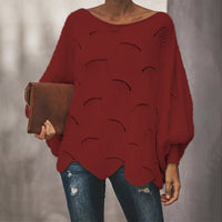 Crocheted Sweater Women Sexy Ruffles Lantern Sleeve O-neck Hollow Out Loose Pullover Ladies Solid Oversized Tops