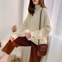 Vangull  Knitted Women Sweater Fashion Loose Half Turtleneck Solid Pullovers 2019 New Winter Batwing Sleeve Button Women Sweater