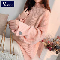 Vangull  Knitted Women Sweater Fashion Loose Half Turtleneck Solid Pullovers 2019 New Winter Batwing Sleeve Button Women Sweater