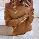 Fanbety Women Sexy Slash Neck Solid Knit Sweater Elegant Autumn Winter Long Sleeve Button Pullover Off Shoulder Streetwear Tops