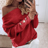 Fanbety Women Sexy Slash Neck Solid Knit Sweater Elegant Autumn Winter Long Sleeve Button Pullover Off Shoulder Streetwear Tops