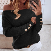 Fanbety Women Sexy Slash Neck Solid Knit Sweater Elegant Autumn Winter Long Sleeve Button Pullover Off Shoulder Streetwear Tops