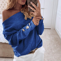 Fanbety Women Sexy Slash Neck Solid Knit Sweater Elegant Autumn Winter Long Sleeve Button Pullover Off Shoulder Streetwear Tops