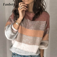 New Color Block Sequined Sweater Womens 2019 Autumn Long Sleeve Knitted Striped Jumpers Female Oversized Fluffy Pullover Sweater