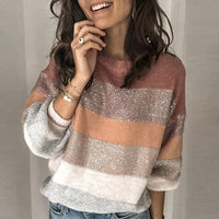 New Color Block Sequined Sweater Womens 2019 Autumn Long Sleeve Knitted Striped Jumpers Female Oversized Fluffy Pullover Sweater