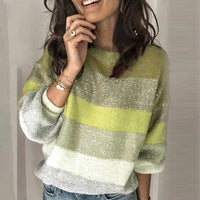 New Color Block Sequined Sweater Womens 2019 Autumn Long Sleeve Knitted Striped Jumpers Female Oversized Fluffy Pullover Sweater