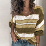 3XL Sexy O-Neck Striped Knitted Sweater Casual Women Long Sleeve Pullover Tops Autumn Winter Patchwork Pull Sweater Jumper Mujer