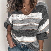 3XL Sexy O-Neck Striped Knitted Sweater Casual Women Long Sleeve Pullover Tops Autumn Winter Patchwork Pull Sweater Jumper Mujer