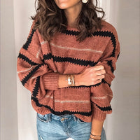 3XL Sexy O-Neck Striped Knitted Sweater Casual Women Long Sleeve Pullover Tops Autumn Winter Patchwork Pull Sweater Jumper Mujer