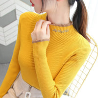 Womens Sweaters Autumn and Winter Fashion Women's Sweater High ElasticTurtleneck Sweater Female Slim Letter Long Sleeve Pullover