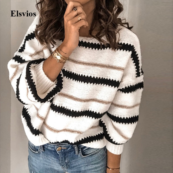 3XL Sexy O-Neck Striped Knitted Sweater Casual Women Long Sleeve Pullover Tops Autumn Winter Patchwork Pull Sweater Jumper Mujer