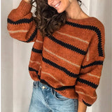 3XL Sexy O-Neck Striped Knitted Sweater Casual Women Long Sleeve Pullover Tops Autumn Winter Patchwork Pull Sweater Jumper Mujer