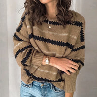 3XL Sexy O-Neck Striped Knitted Sweater Casual Women Long Sleeve Pullover Tops Autumn Winter Patchwork Pull Sweater Jumper Mujer